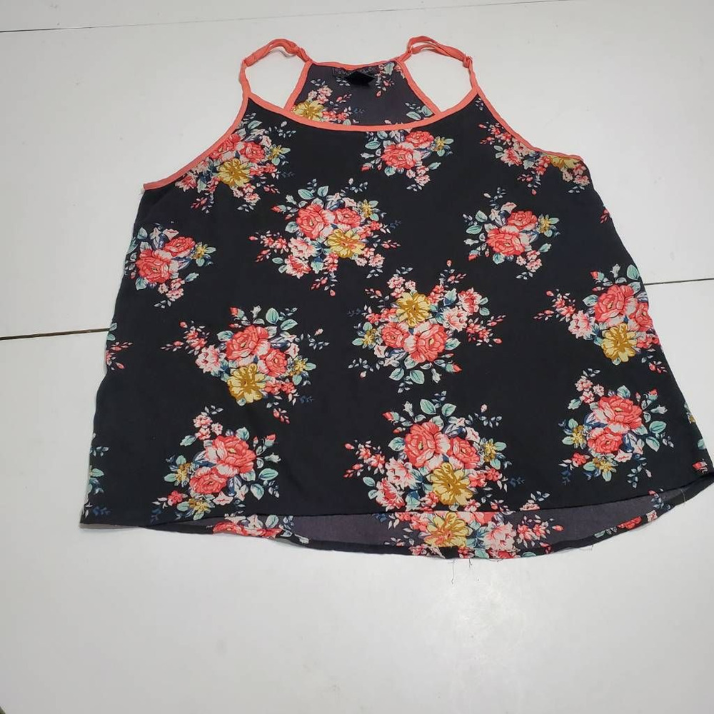 Wishful Park Womens Cami Tank Top Black Pink Floral Spaghetti Strap Scoop Neck M